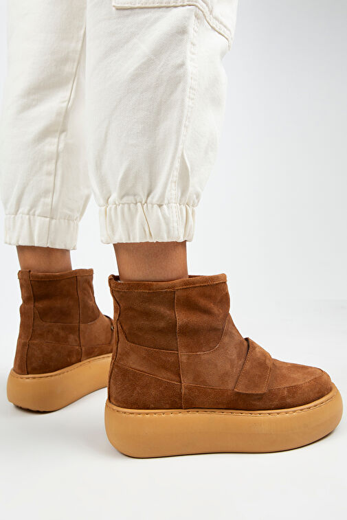 Manijero Ember Kadın Hakiki Deri Üstten Çırtlı İçi Kürklü Taba Bot - Görsel 8