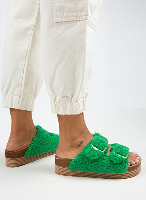 Manijero Selina Kürklü Kadın Tekstil Kürklü Çift Tokalı Koyu Yeşil Terlik - Görsel 6