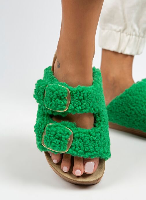 Manijero Selina Kürklü Kadın Tekstil Kürklü Çift Tokalı Koyu Yeşil Terlik - Görsel 5