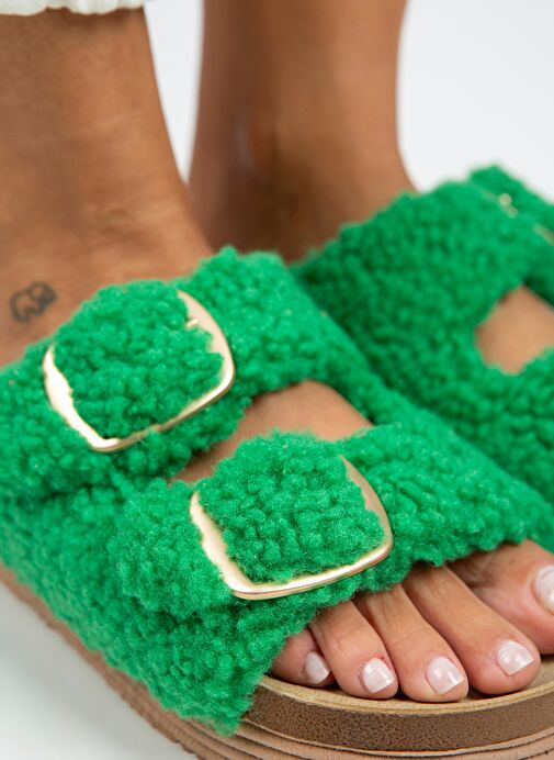 Manijero Selina Kürklü Kadın Tekstil Kürklü Çift Tokalı Koyu Yeşil Terlik - Görsel 4