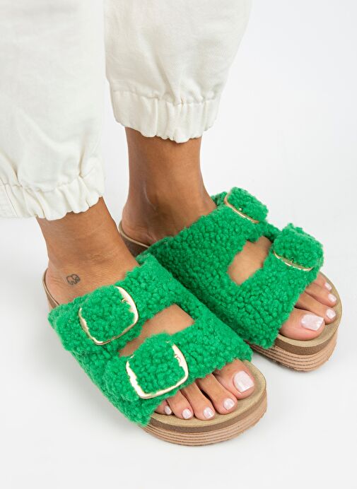 Manijero Selina Kürklü Kadın Tekstil Kürklü Çift Tokalı Koyu Yeşil Terlik - Görsel 3