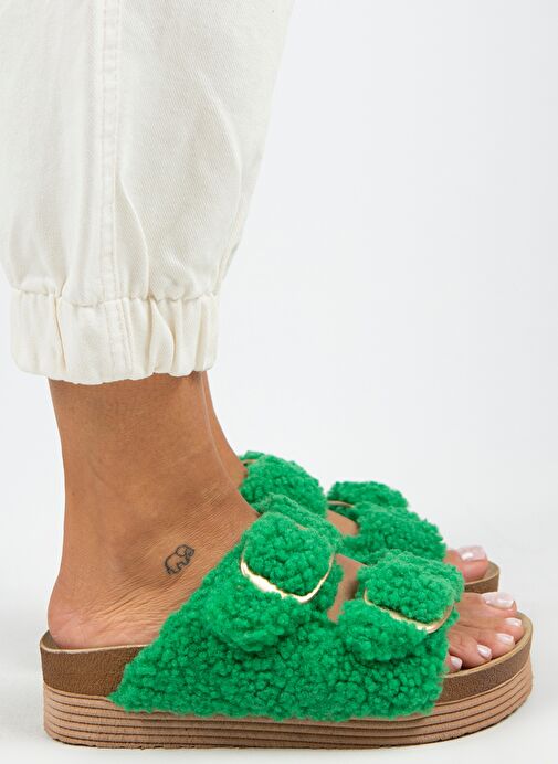 Manijero Selina Kürklü Kadın Tekstil Kürklü Çift Tokalı Koyu Yeşil Terlik - Görsel 2