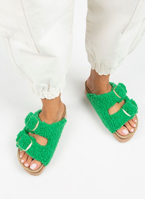 Manijero Selina Kürklü Kadın Tekstil Kürklü Çift Tokalı Koyu Yeşil Terlik - Görsel 7