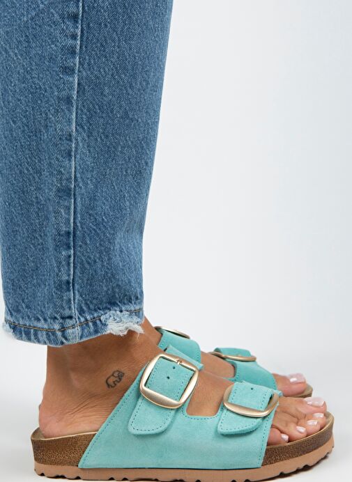 Manijero Mint Yeşili-Gold Kadın Süet Terlik MNJ.010.37 - Görsel 4