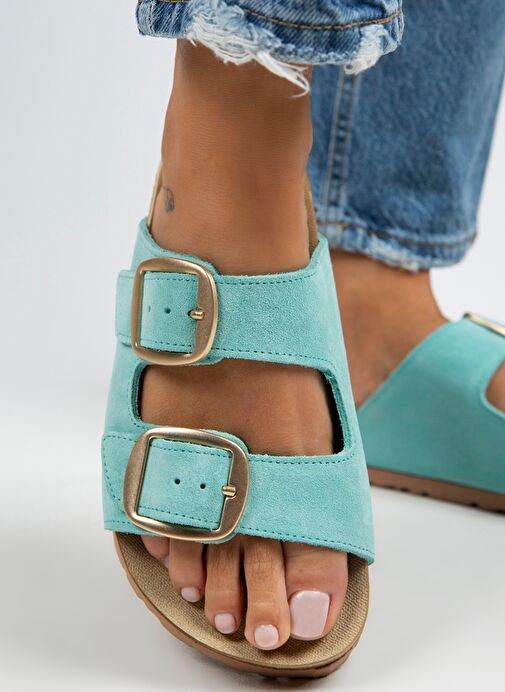 Manijero Mint Yeşili-Gold Kadın Süet Terlik MNJ.010.37 - Görsel 3