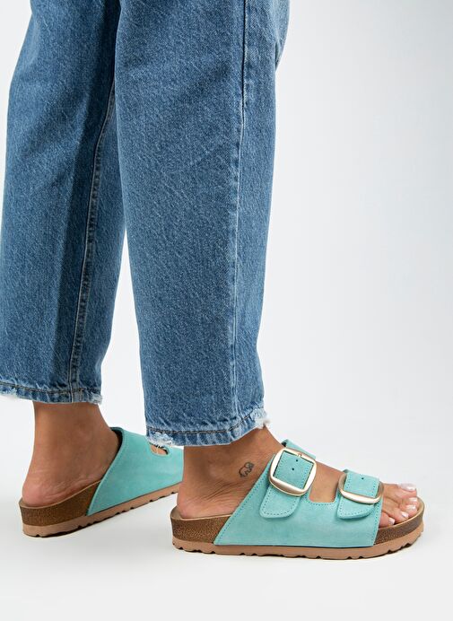 Manijero Mint Yeşili-Gold Kadın Süet Terlik MNJ.010.37 - Görsel 2