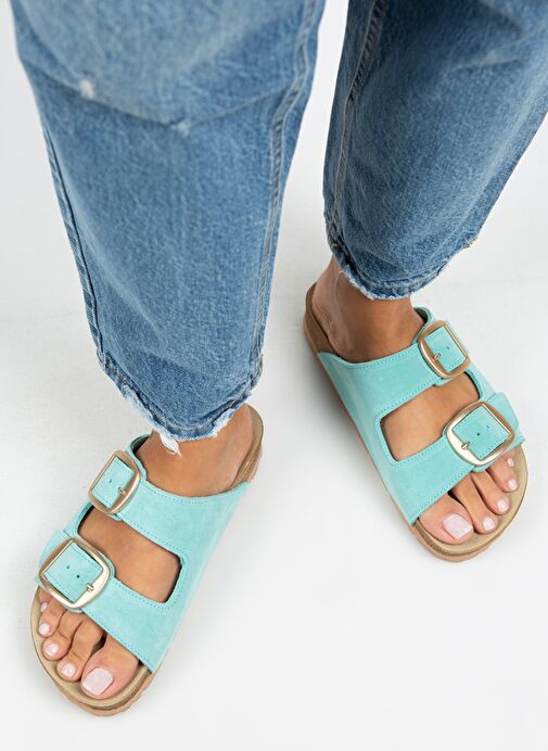 Manijero Mint Yeşili-Gold Kadın Süet Terlik MNJ.010.37 - Görsel 7