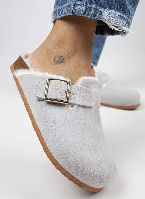 Manijero Gri Kadın Deri - Kürklü Terlik MNJ.098.15 - Görsel 2