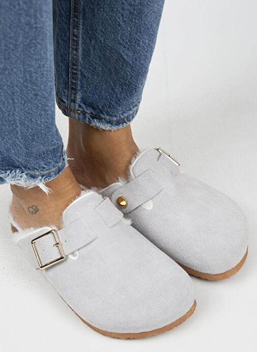 Manijero Gri Kadın Deri - Kürklü Terlik MNJ.098.15 - Görsel 4