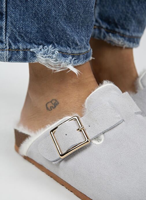 Manijero Gri Kadın Deri - Kürklü Terlik MNJ.098.15 - Görsel 5