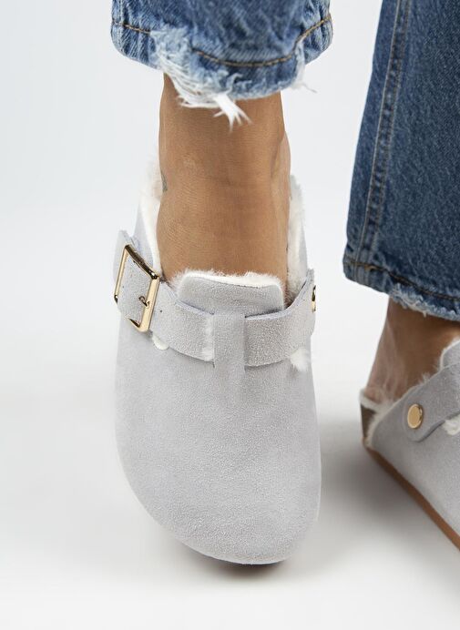 Manijero Gri Kadın Deri - Kürklü Terlik MNJ.098.15 - Görsel 6