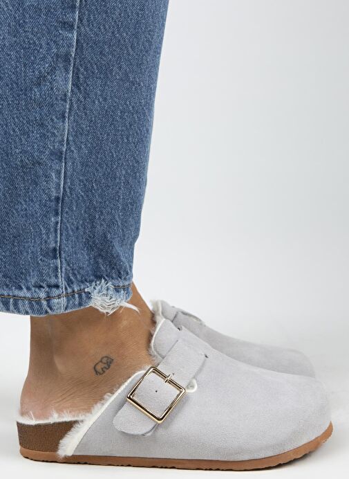 Manijero Gri Kadın Deri - Kürklü Terlik MNJ.098.15 - Görsel 3