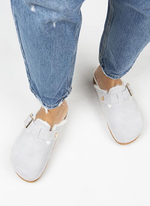 Manijero Gri Kadın Deri - Kürklü Terlik MNJ.098.15 - Görsel 8