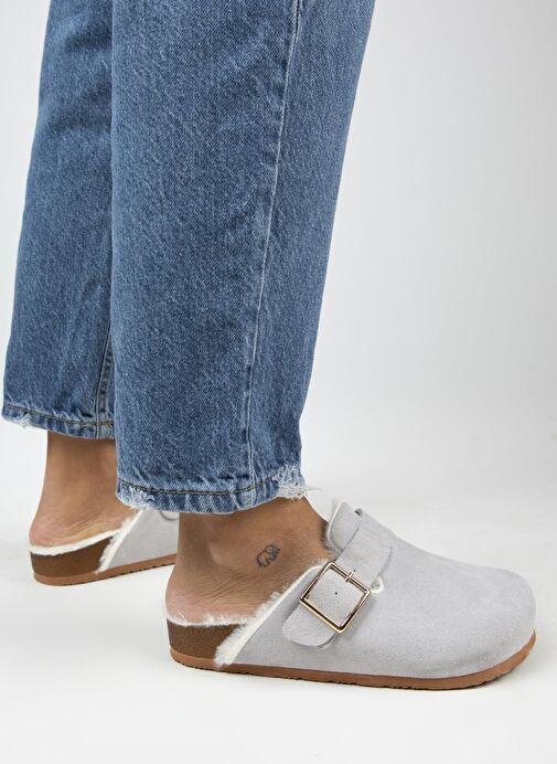 Manijero Gri Kadın Deri - Kürklü Terlik MNJ.098.15 - Görsel 7