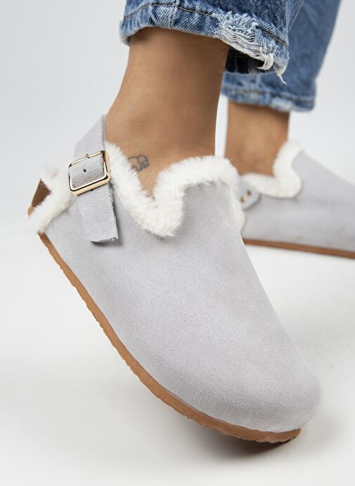 Manijero Gri Kadın Süet - Kürklü Sandalet MNJ.100.06 - Görsel 6