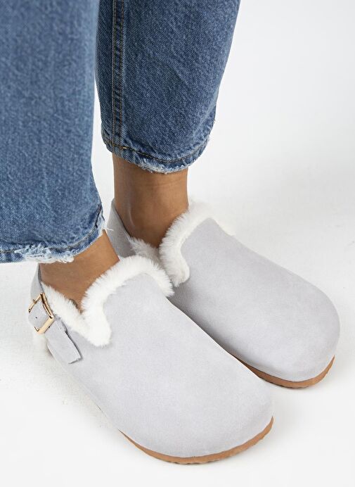 Manijero Gri Kadın Süet - Kürklü Sandalet MNJ.100.06 - Görsel 4