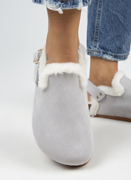 Manijero Gri Kadın Süet - Kürklü Sandalet MNJ.100.06 - Görsel 7