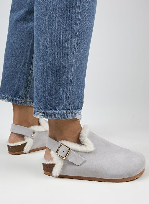 Manijero Gri Kadın Süet - Kürklü Sandalet MNJ.100.06 - Görsel 2