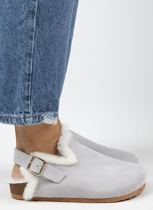 Manijero Gri Kadın Süet - Kürklü Sandalet MNJ.100.06 - Görsel 3