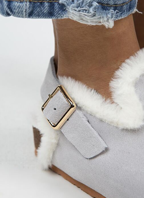 Manijero Gri Kadın Süet - Kürklü Sandalet MNJ.100.06 - Görsel 5