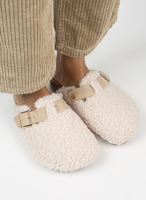 Manijero Bej Kadın Deri - Kürklü Terlik MNJ.101.06 - Görsel 3