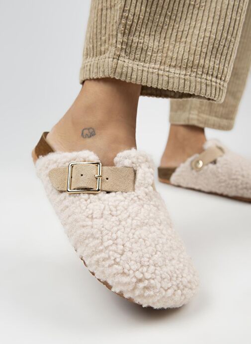 Manijero Bej Kadın Deri - Kürklü Terlik MNJ.101.06 - Görsel 5