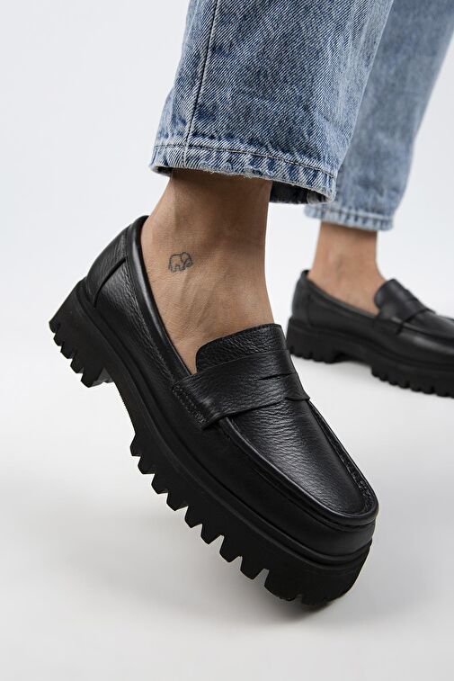 Manijero Cepmen Kadın Deri Köşeli Hakiki Deri Loafer Siyah Ayakkabı - Görsel 6