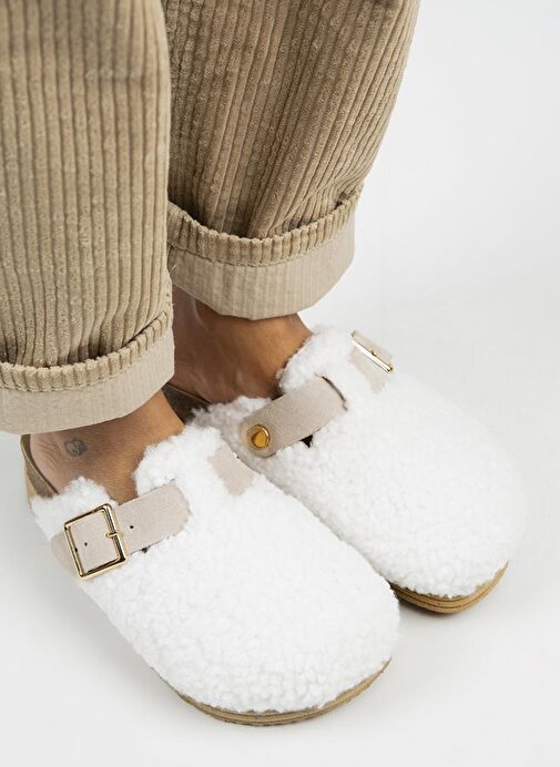 Manijero Beyaz-Kum Kadın Deri - Kürklü Terlik MNJ.105.11 - Görsel 3