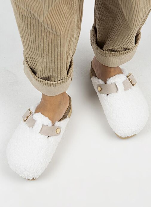 Manijero Beyaz-Kum Kadın Deri - Kürklü Terlik MNJ.105.11 - Görsel 8