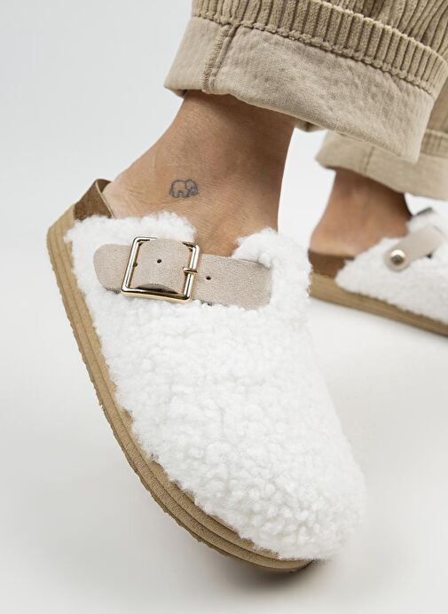 Manijero Beyaz-Kum Kadın Deri - Kürklü Terlik MNJ.105.11 - Görsel 5