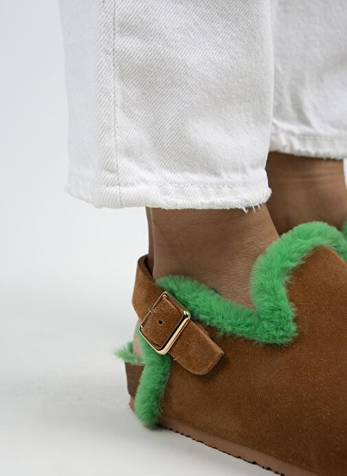 Manijero Holly Kürklü Kadın Hakiki Deri Kürklü Hakiki Deri Kemerli Tokalı Taba- Yeşil Sandalet - Görsel 4