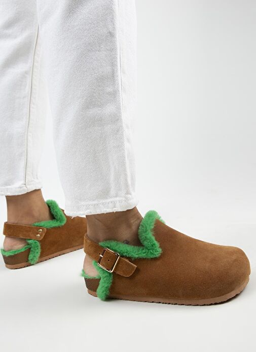Manijero Holly Kürklü Kadın Hakiki Deri Kürklü Hakiki Deri Kemerli Tokalı Taba- Yeşil Sandalet - Görsel 7