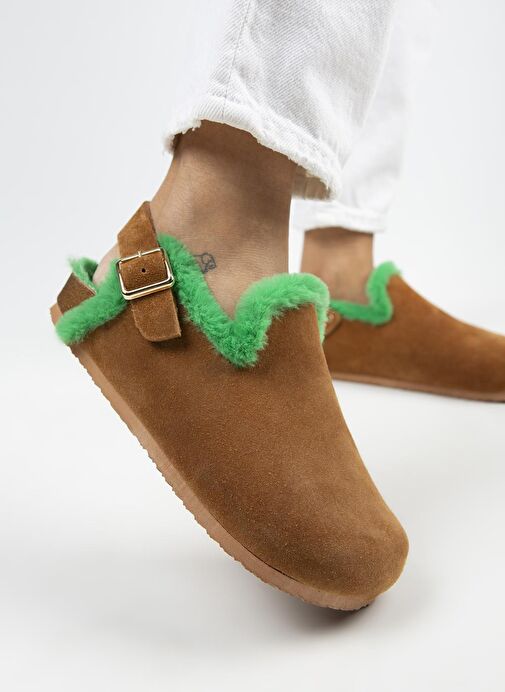 Manijero Holly Kürklü Kadın Hakiki Deri Kürklü Hakiki Deri Kemerli Tokalı Taba- Yeşil Sandalet - Görsel 5