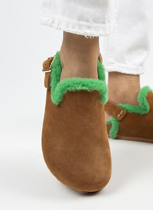 Manijero Holly Kürklü Kadın Hakiki Deri Kürklü Hakiki Deri Kemerli Tokalı Taba- Yeşil Sandalet - Görsel 6