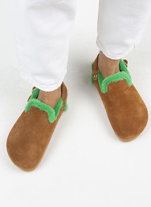 Manijero Holly Kürklü Kadın Hakiki Deri Kürklü Hakiki Deri Kemerli Tokalı Taba- Yeşil Sandalet - Görsel 8