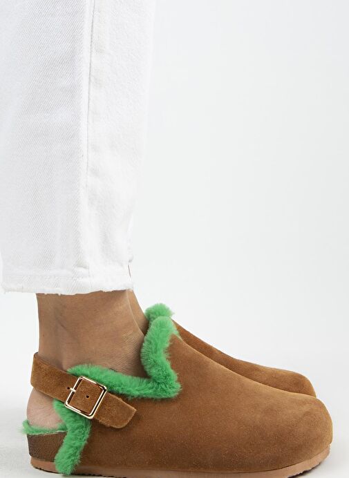 Manijero Holly Kürklü Kadın Hakiki Deri Kürklü Hakiki Deri Kemerli Tokalı Taba- Yeşil Sandalet - Görsel 2