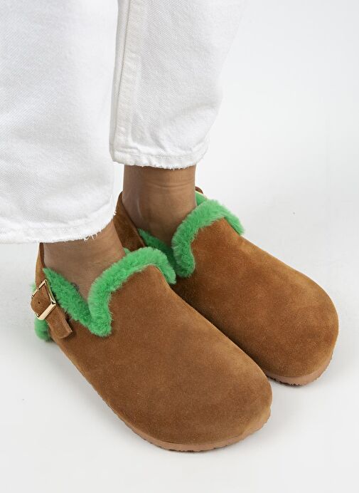Manijero Holly Kürklü Kadın Hakiki Deri Kürklü Hakiki Deri Kemerli Tokalı Taba- Yeşil Sandalet - Görsel 3