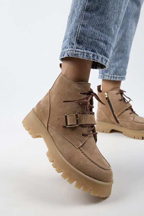 Manijero Samantha Kadın Hakiki Deri Bağcıklı Fermuarlı Tokalı Kum Süet Bot - Görsel 2