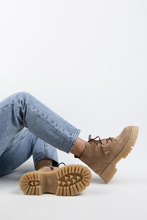 Manijero Samantha Kadın Hakiki Deri Bağcıklı Fermuarlı Tokalı Kum Süet Bot - Görsel 7