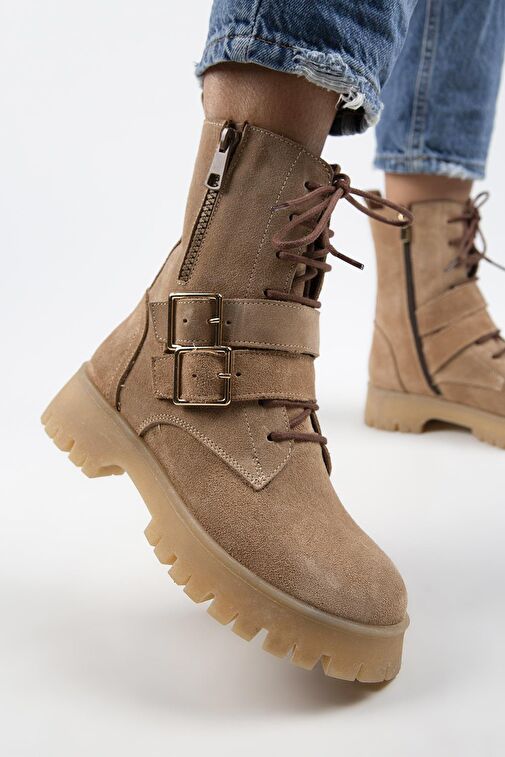 Manijero Hannah Kadın Hakiki Deri Bağcıklı Fermuarlı Tokalı Kum Süet Bot - Görsel 2