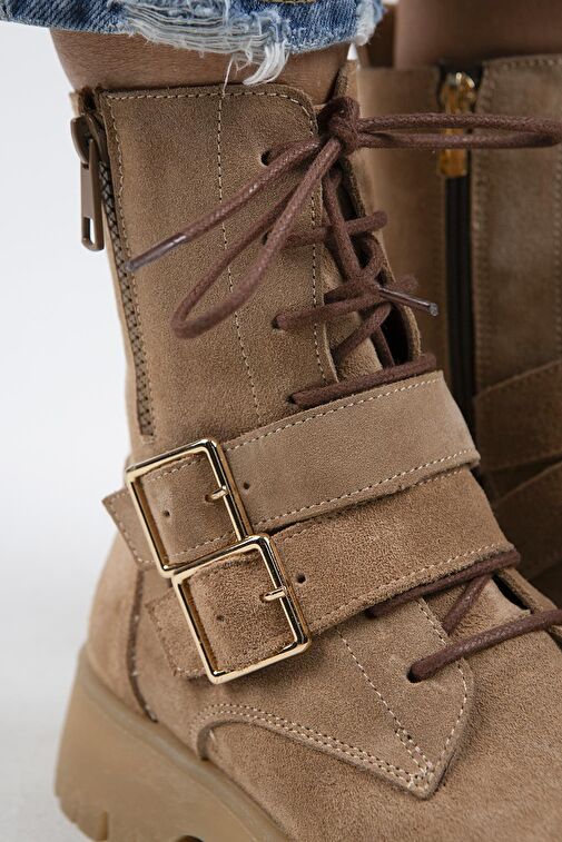 Manijero Hannah Kadın Hakiki Deri Bağcıklı Fermuarlı Tokalı Kum Süet Bot - Görsel 4