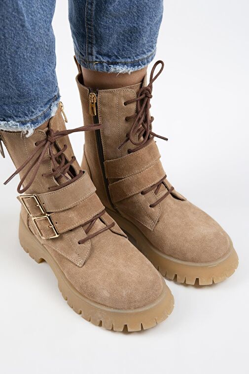 Manijero Hannah Kadın Hakiki Deri Bağcıklı Fermuarlı Tokalı Kum Süet Bot - Görsel 5