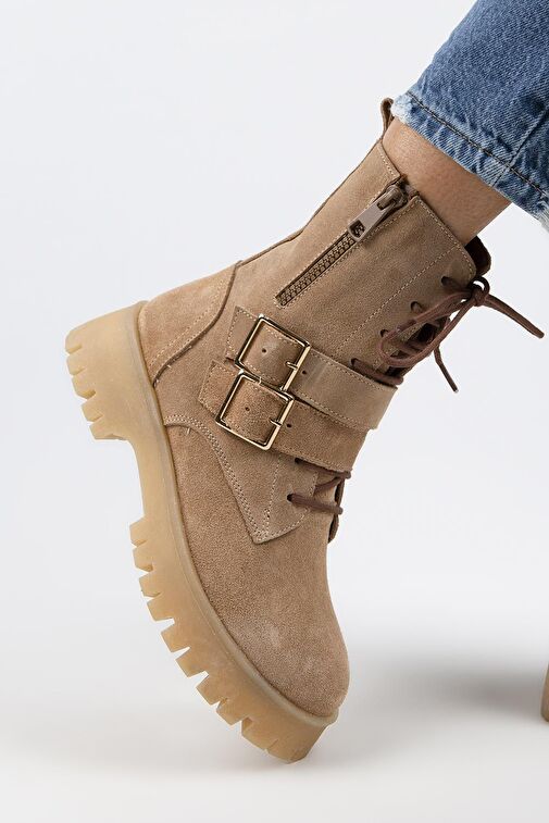 Manijero Hannah Kadın Hakiki Deri Bağcıklı Fermuarlı Tokalı Kum Süet Bot - Görsel 6