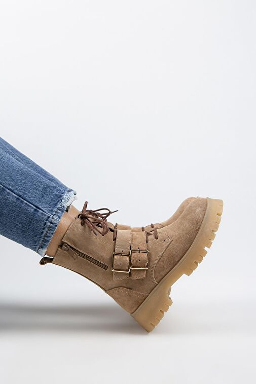 Manijero Hannah Kadın Hakiki Deri Bağcıklı Fermuarlı Tokalı Kum Süet Bot - Görsel 7