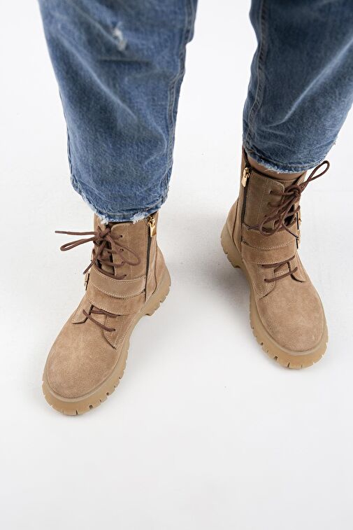 Manijero Hannah Kadın Hakiki Deri Bağcıklı Fermuarlı Tokalı Kum Süet Bot - Görsel 8