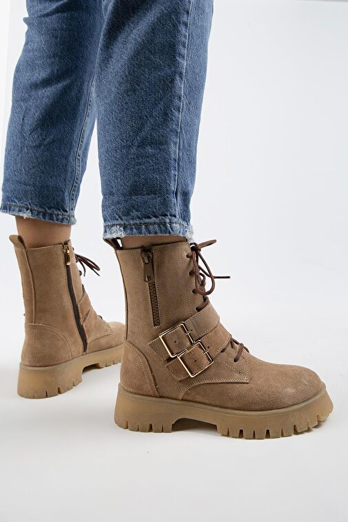 Manijero Hannah Kadın Hakiki Deri Bağcıklı Fermuarlı Tokalı Kum Süet Bot - Görsel 9