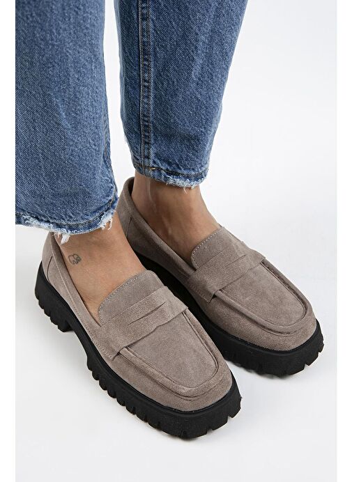 Manijero Cepmen Kadın Hakiki Deri Köşeli Loafer Vizon Süet Ayakkabı - Görsel 5