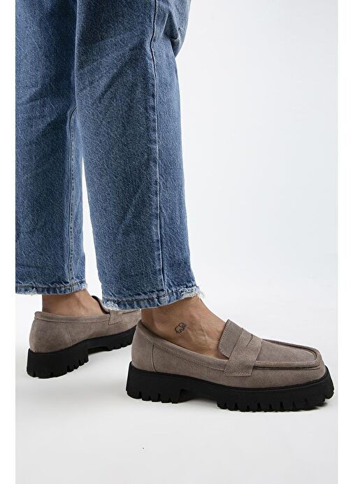 Manijero Cepmen Kadın Hakiki Deri Köşeli Loafer Vizon Süet Ayakkabı - Görsel 7