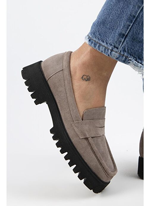 Manijero Cepmen Kadın Hakiki Deri Köşeli Loafer Vizon Süet Ayakkabı - Görsel 8