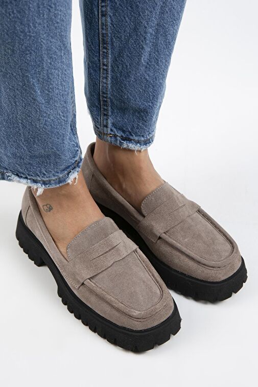 Manijero Cepmen Kadın Hakiki Deri Köşeli Loafer Vizon Süet Ayakkabı - Görsel 5